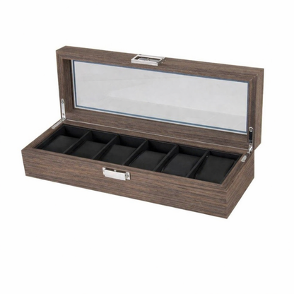 6 Slot Walnut watch collection storage organiser with black interior gift sale offer