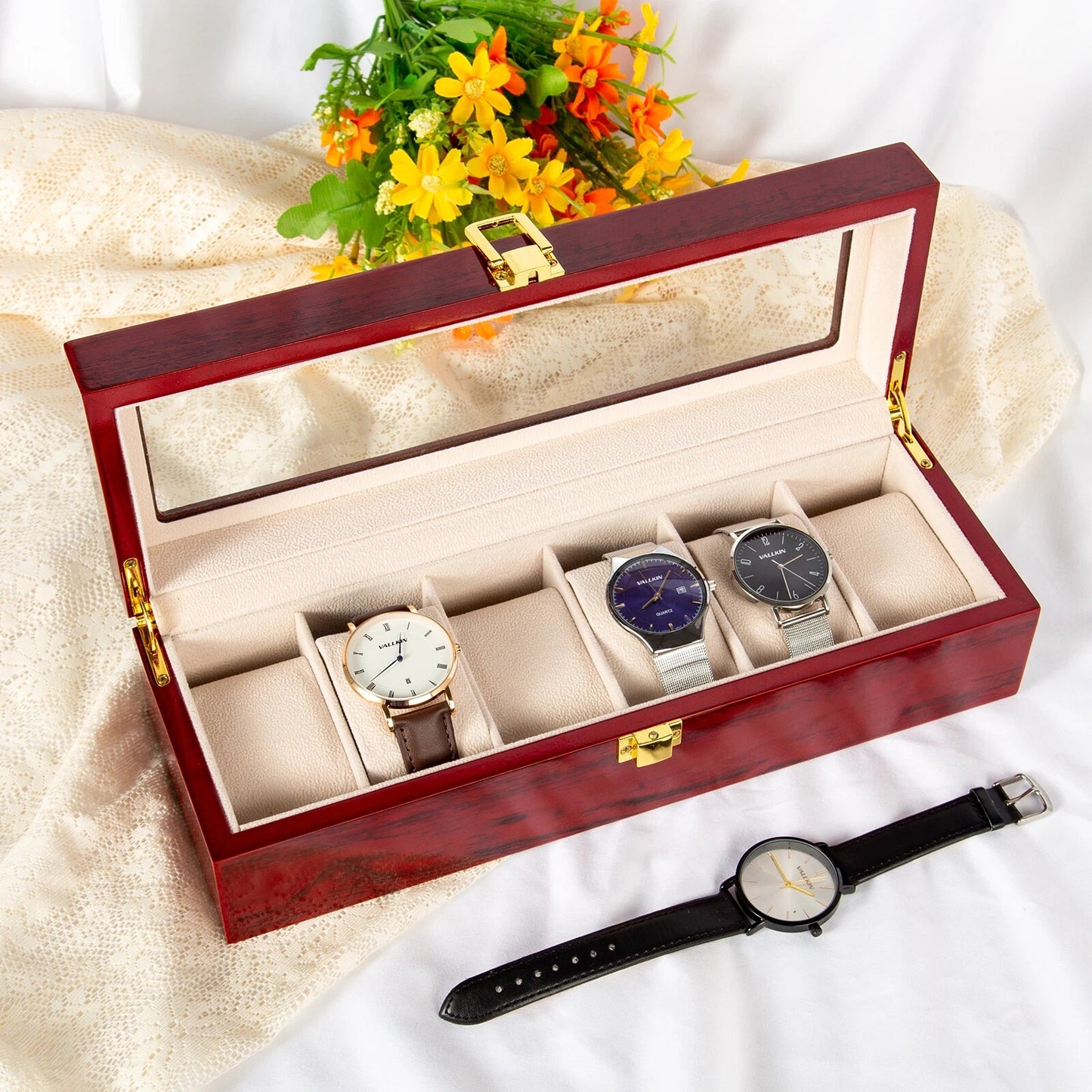 6 Slot Red Wooden Luxury Watch Box Organiser ideal for gifts teachers storage display